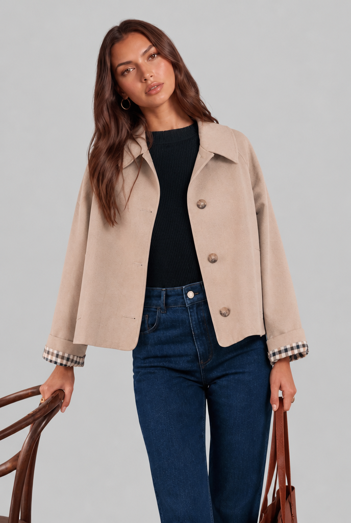 Cropped Trench Jacket with Plaid Lining