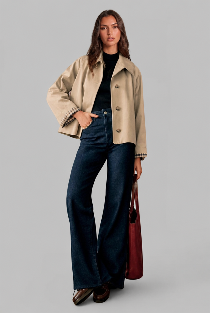 Cropped Trench Jacket with Plaid Lining