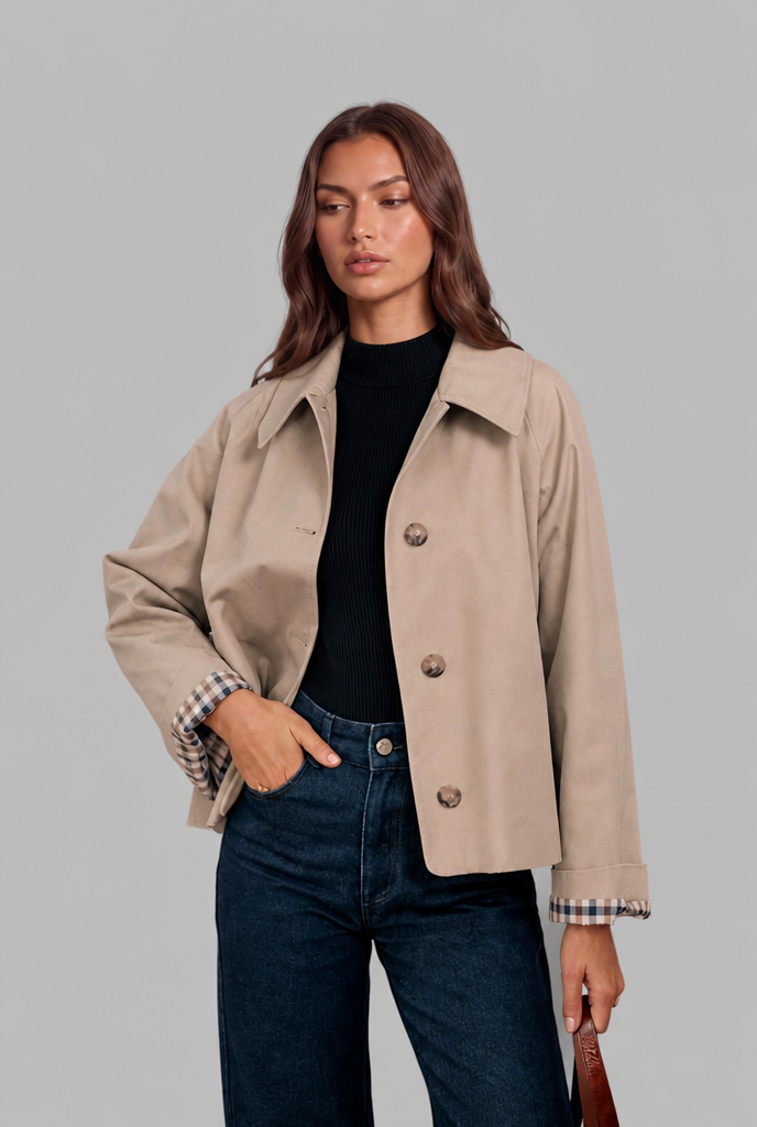Cropped Trench Jacket with Plaid Lining
