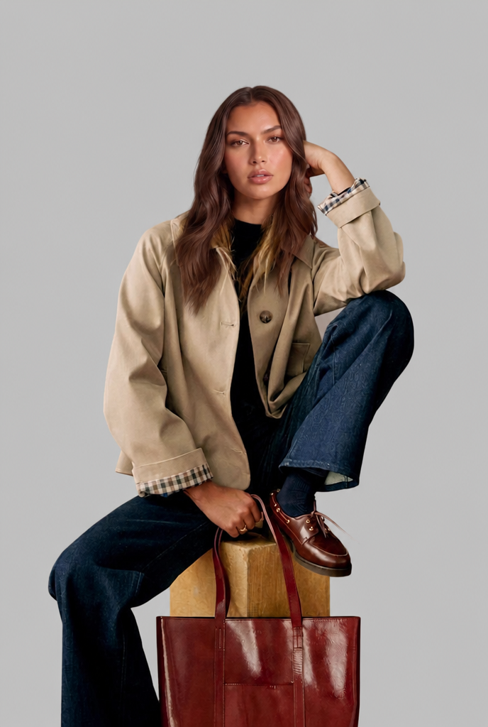 Cropped Trench Jacket with Plaid Lining