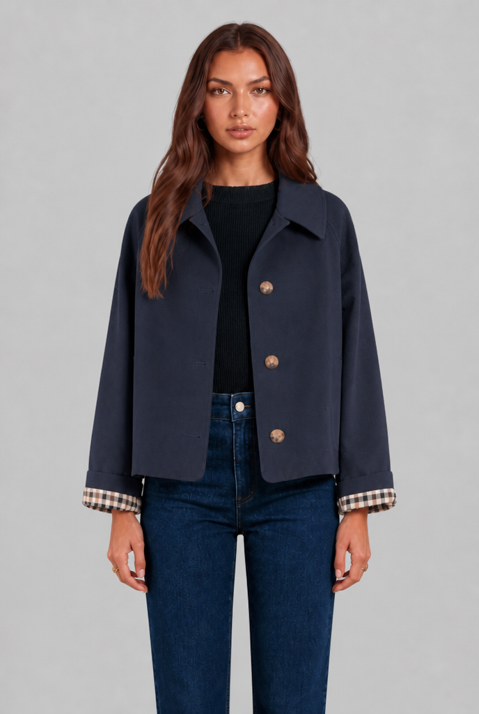 Cropped Trench Jacket with Plaid Lining