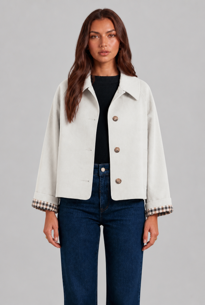 Cropped Trench Jacket with Plaid Lining
