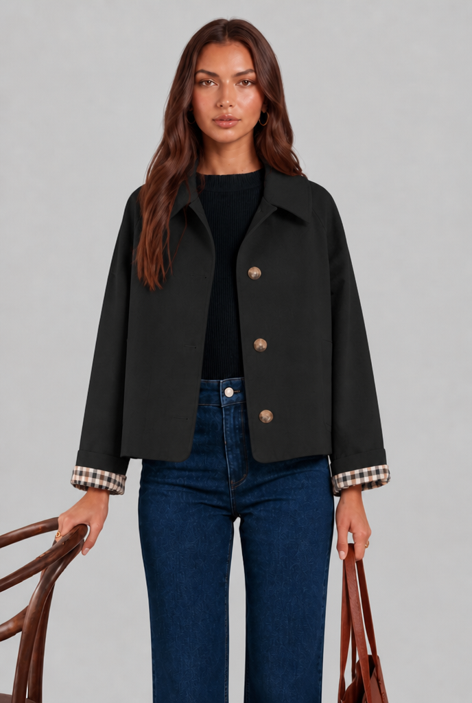 Cropped Trench Jacket with Plaid Lining
