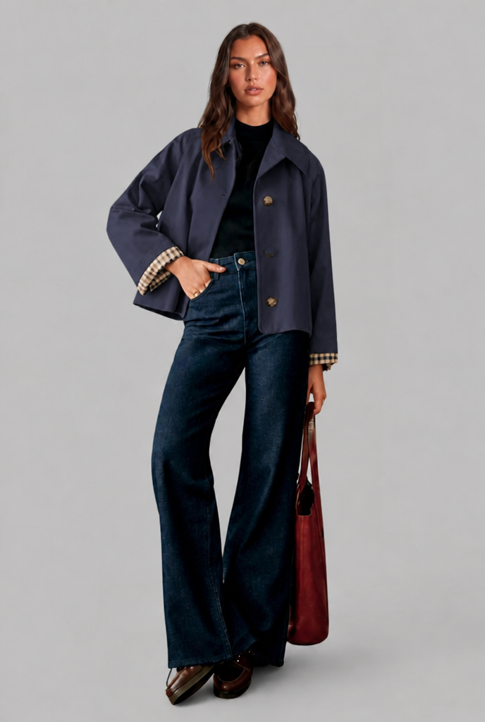 Cropped Trench Jacket with Plaid Lining