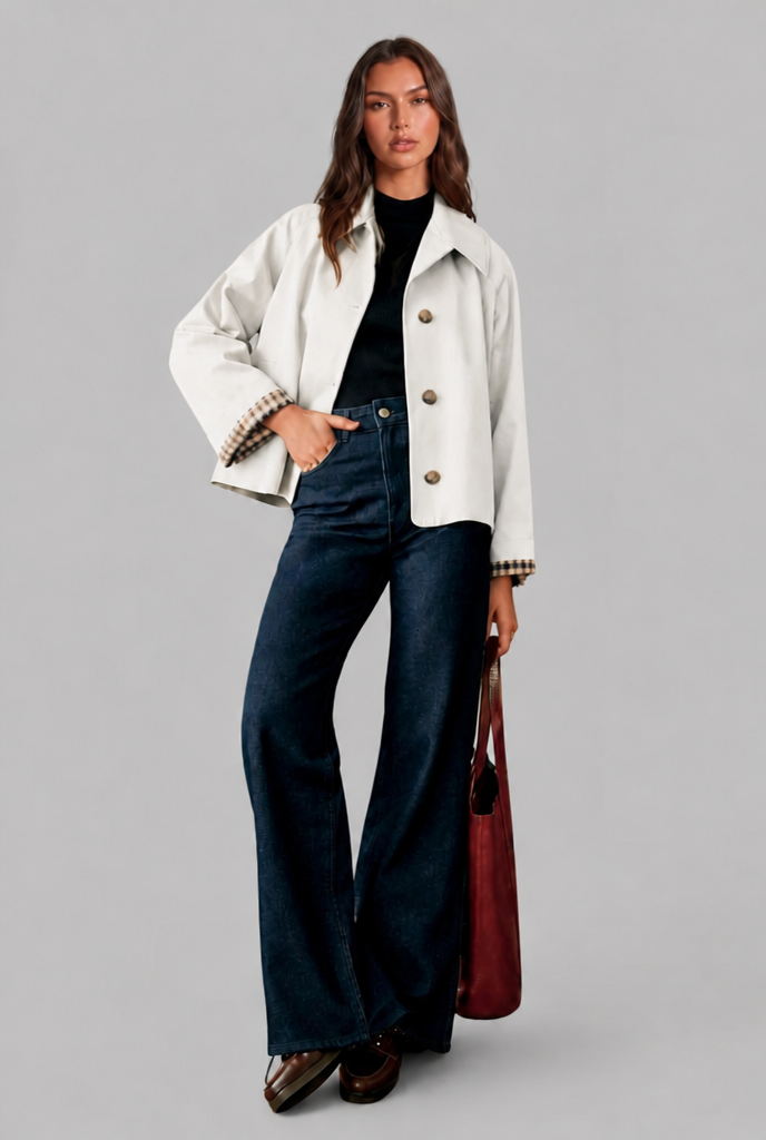 Cropped Trench Jacket with Plaid Lining