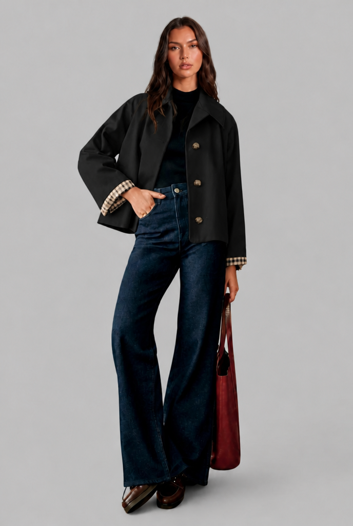 Cropped Trench Jacket with Plaid Lining
