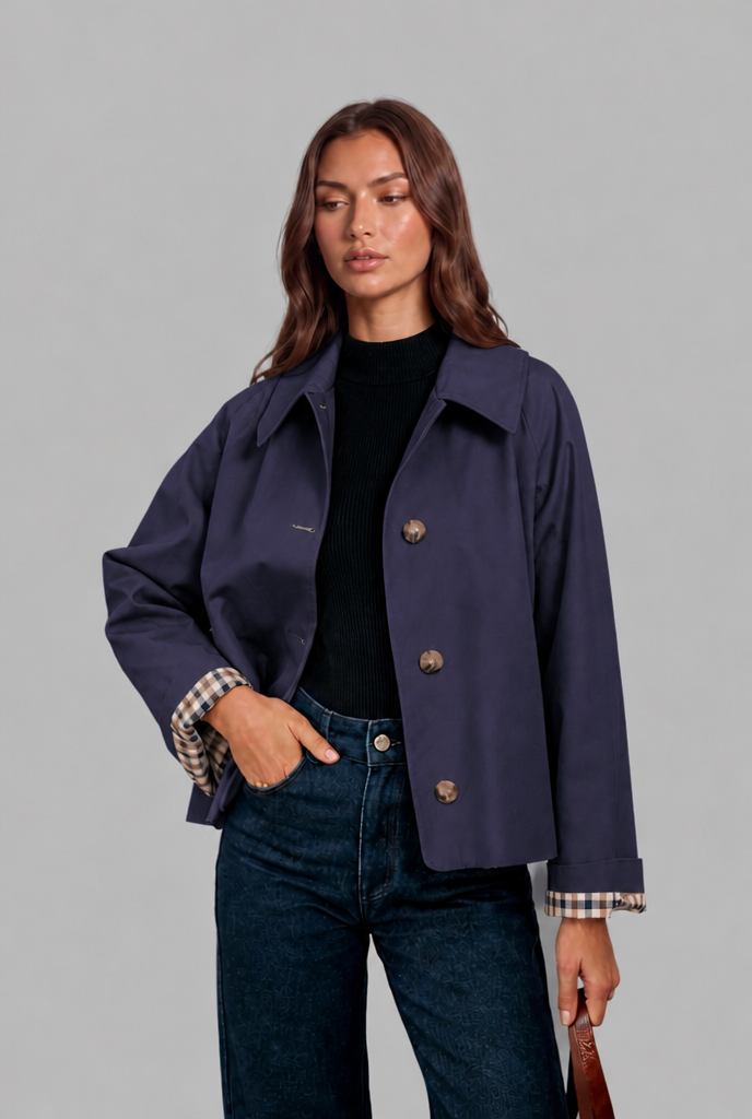 Cropped Trench Jacket with Plaid Lining