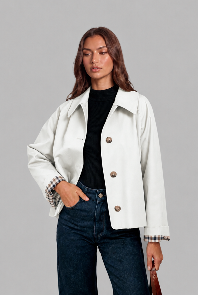 Cropped Trench Jacket with Plaid Lining