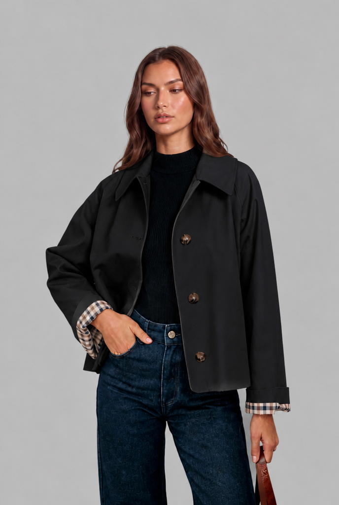 Cropped Trench Jacket with Plaid Lining