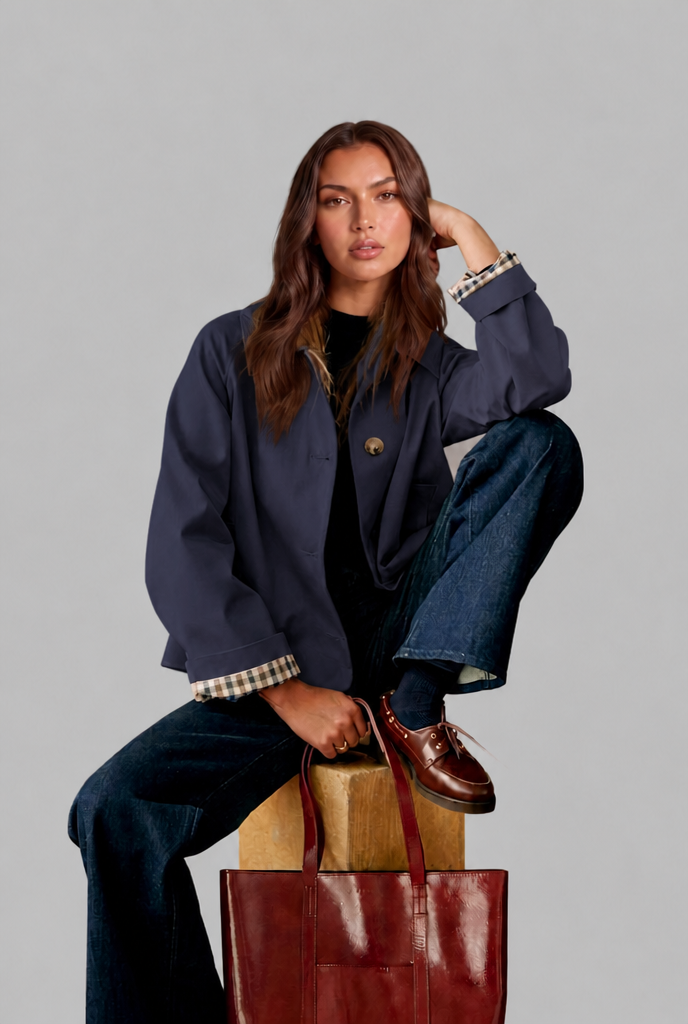 Cropped Trench Jacket with Plaid Lining