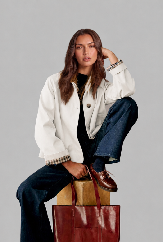 Cropped Trench Jacket with Plaid Lining
