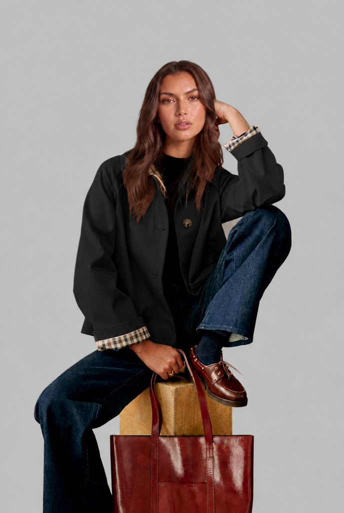 Cropped Trench Jacket with Plaid Lining