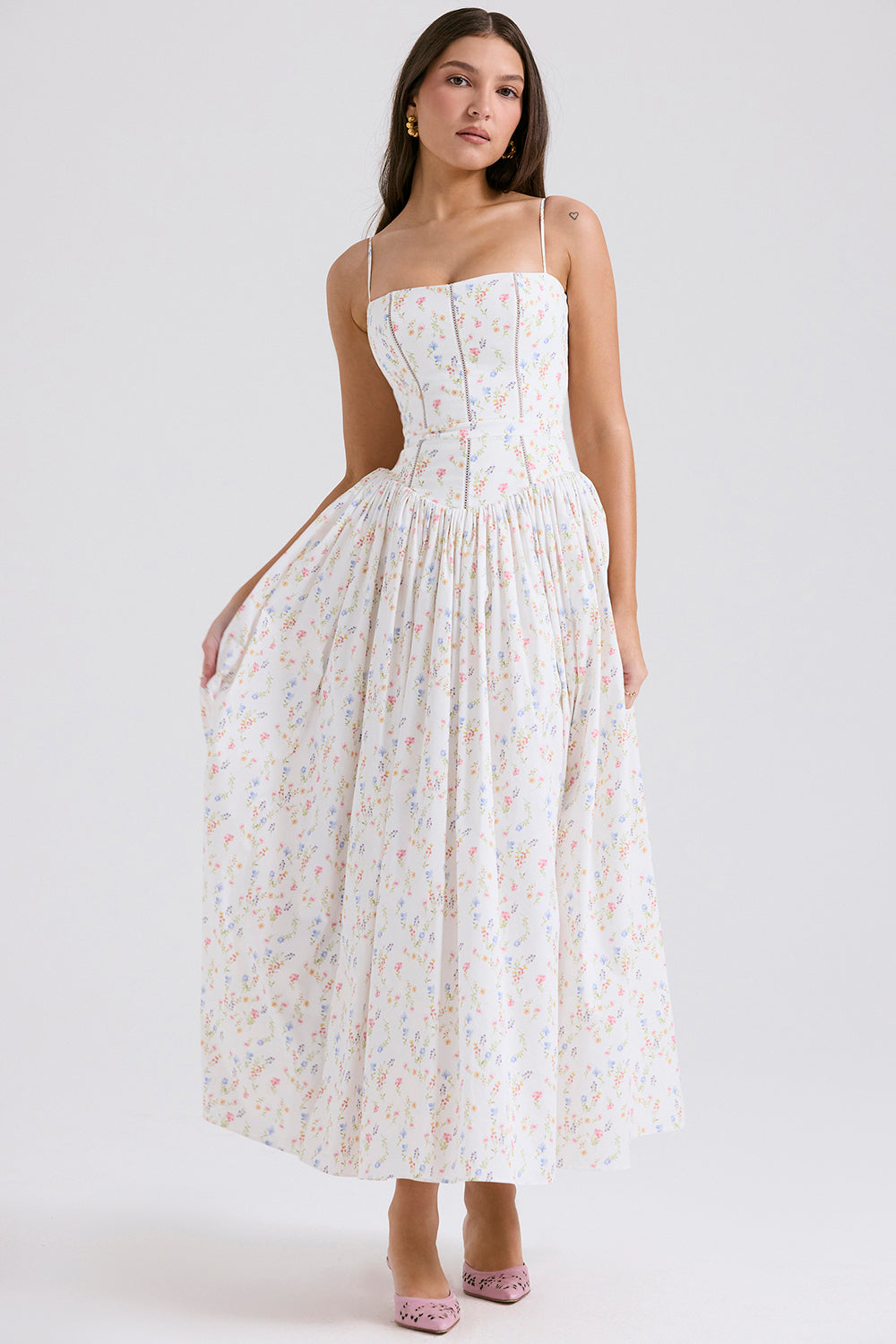 Ysabella Midi Dress - White Posy Print