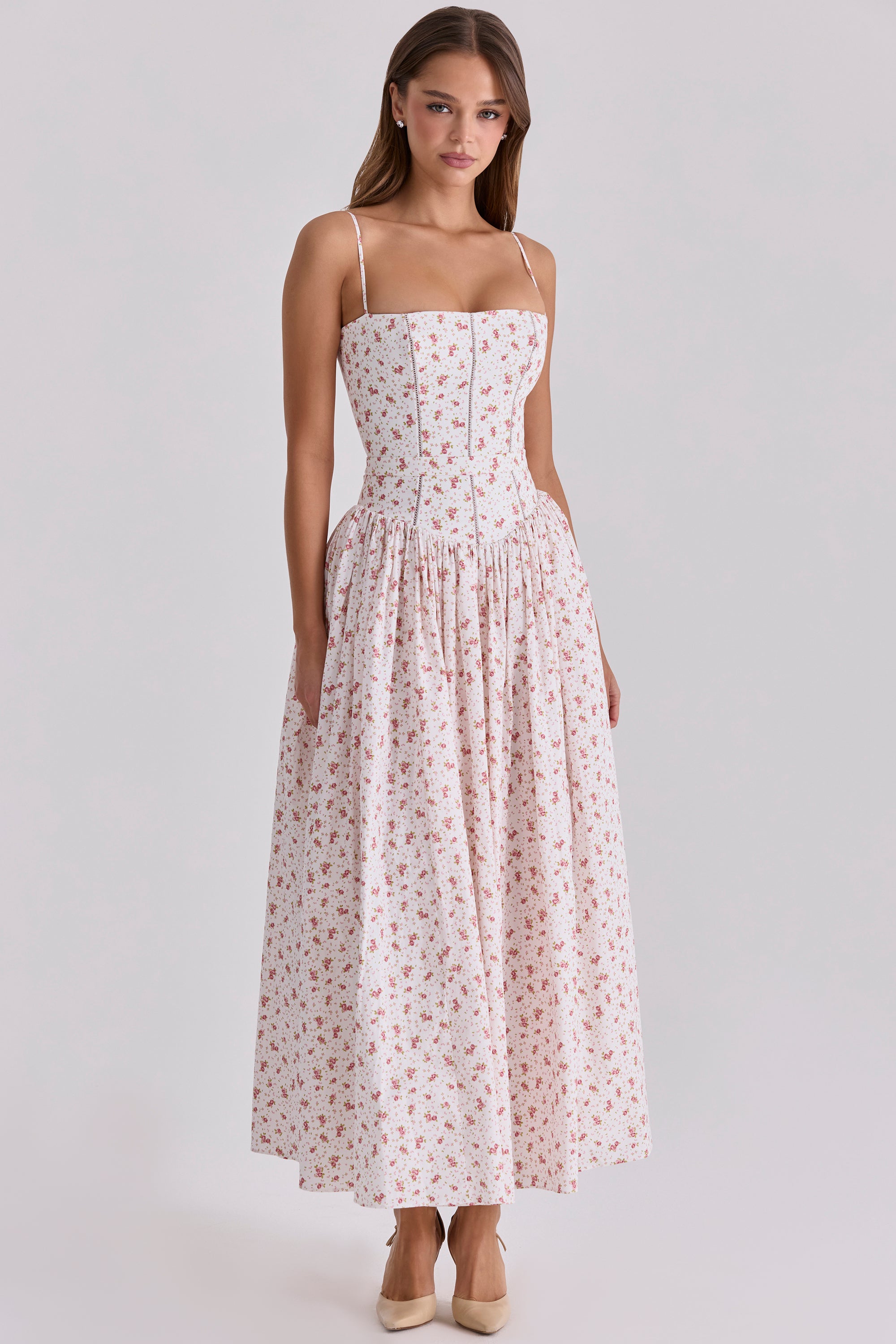 Ysabella Midi Dress - White Rose Floral