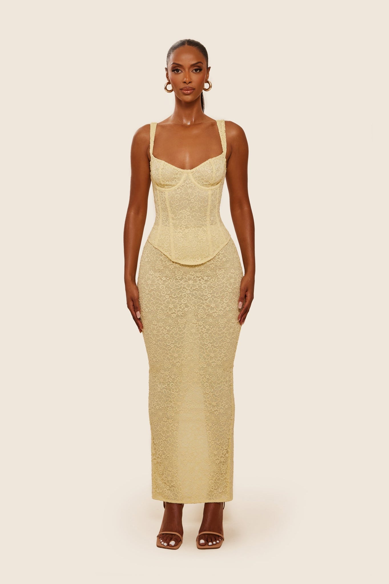 The Cinched Lace Corset Maxi Set in Yellow