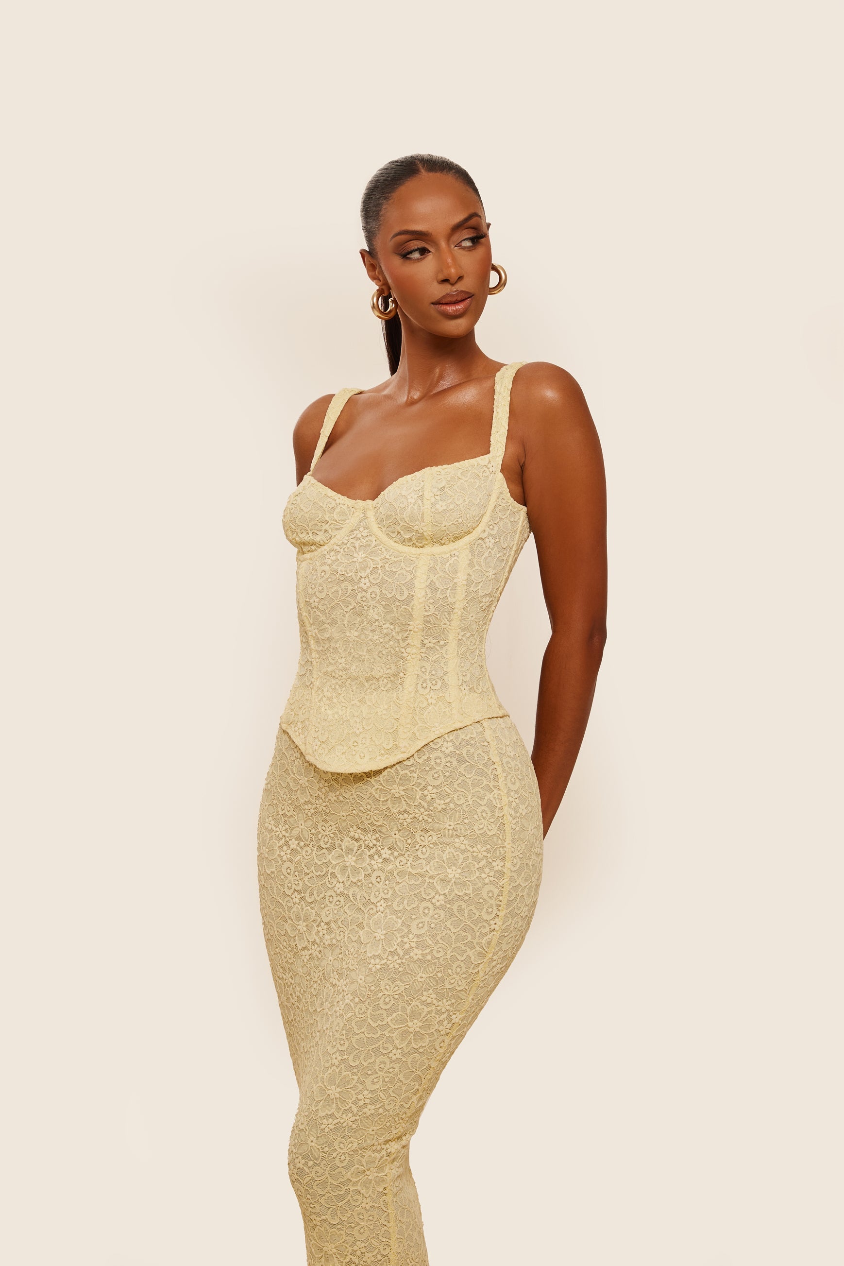 The Cinched Lace Corset Maxi Set in Yellow