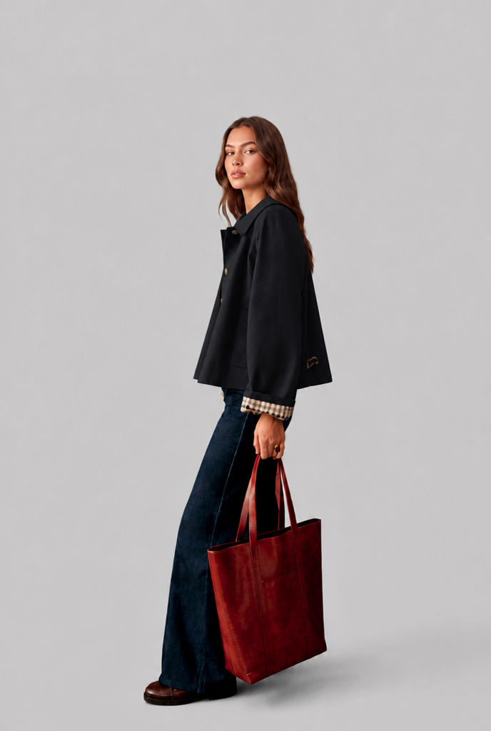Cropped Trench Jacket with Plaid Lining