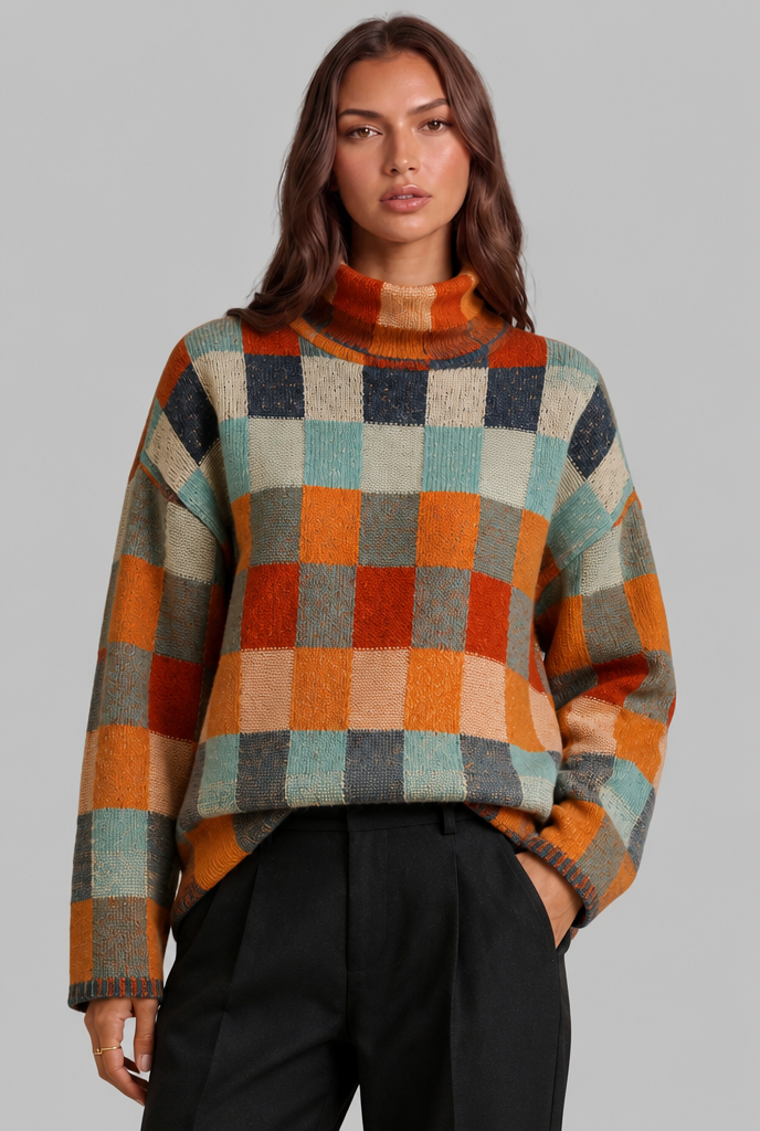 Checkerboard Knit Sweater with High Neck
