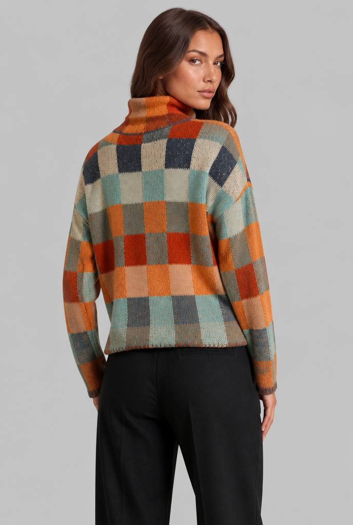 Checkerboard Knit Sweater with High Neck
