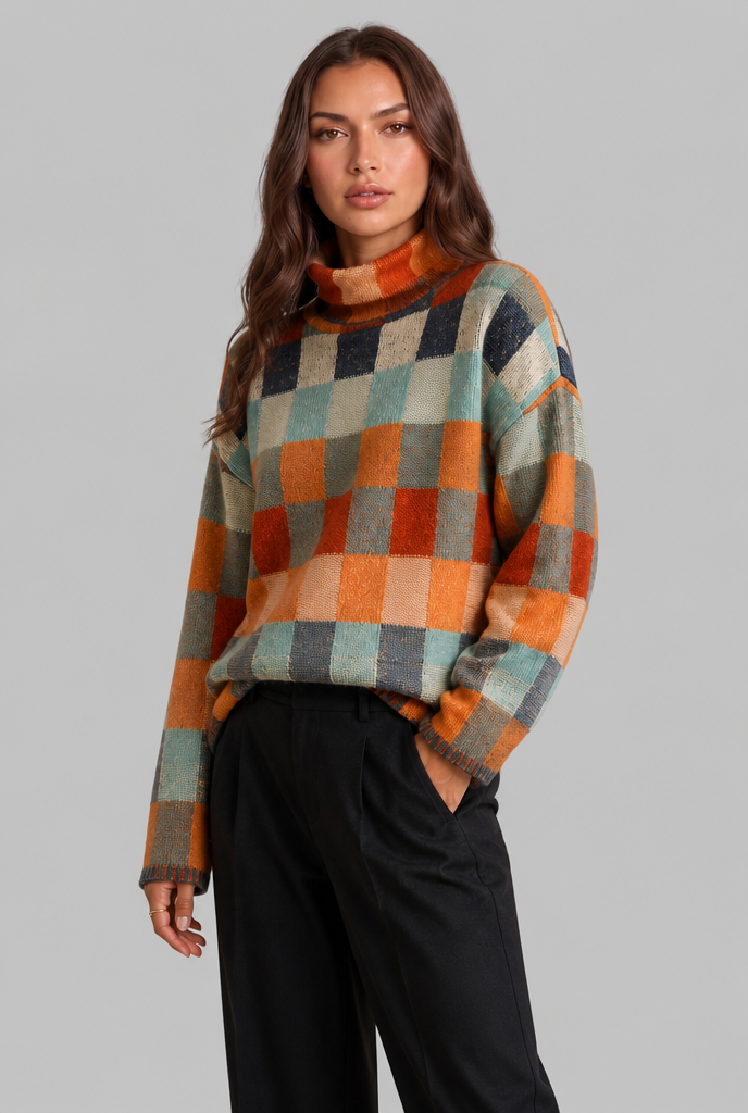Checkerboard Knit Sweater with High Neck