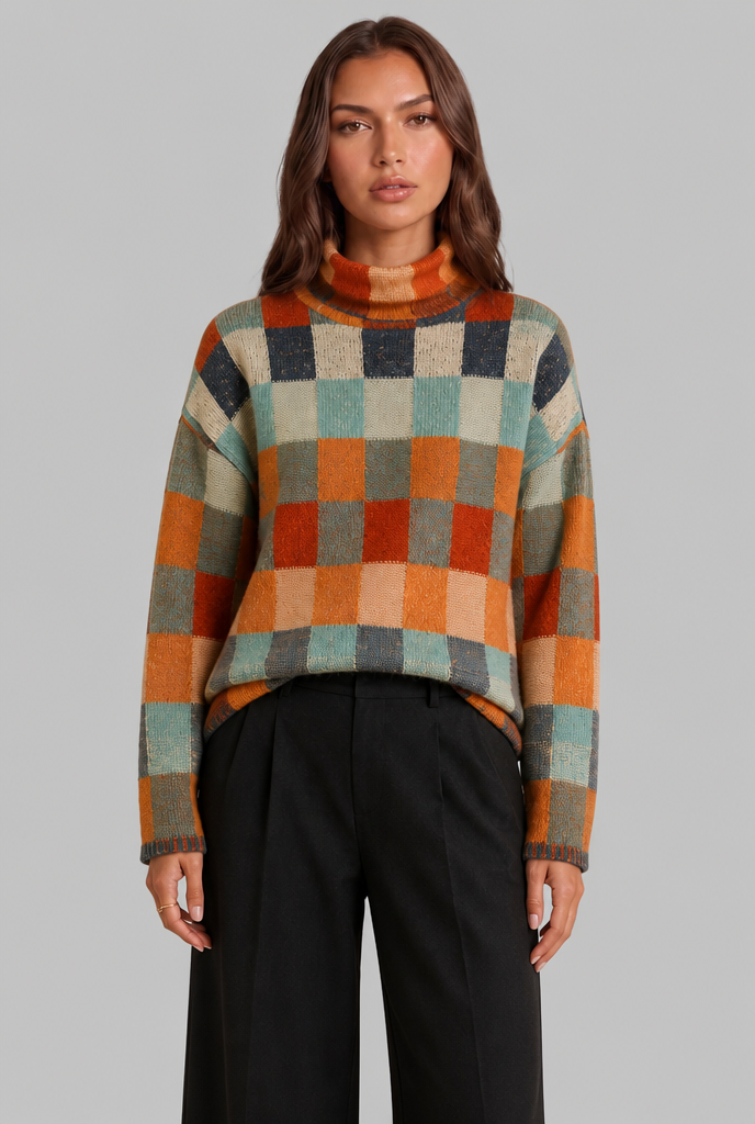 Checkerboard Knit Sweater with High Neck