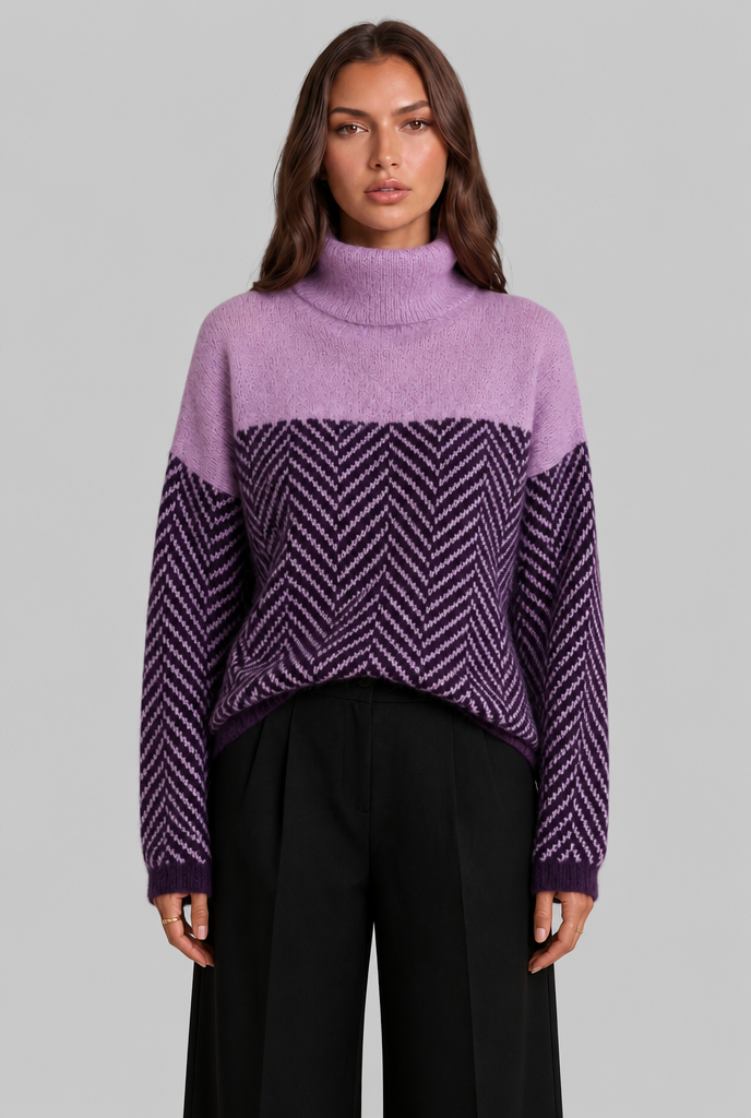Colorblock Chevron Sweater with High Neck