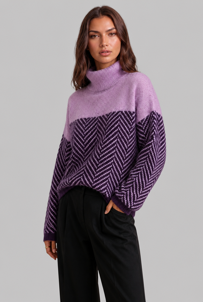 Colorblock Chevron Sweater with High Neck