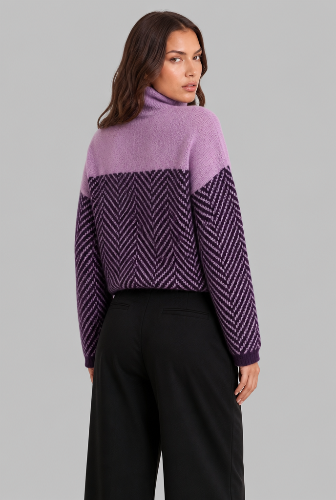 Colorblock Chevron Sweater with High Neck