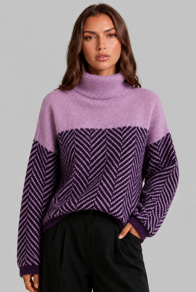 Colorblock Chevron Sweater with High Neck