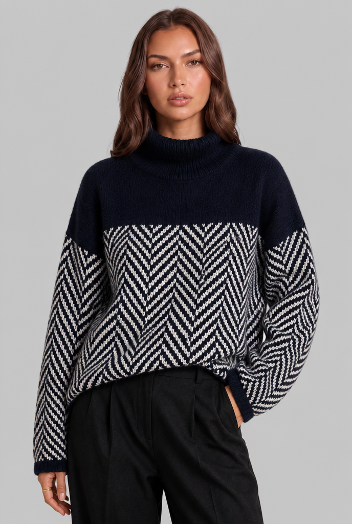 Colorblock Chevron Sweater with High Neck