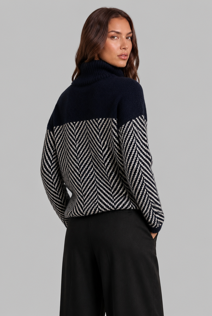 Colorblock Chevron Sweater with High Neck