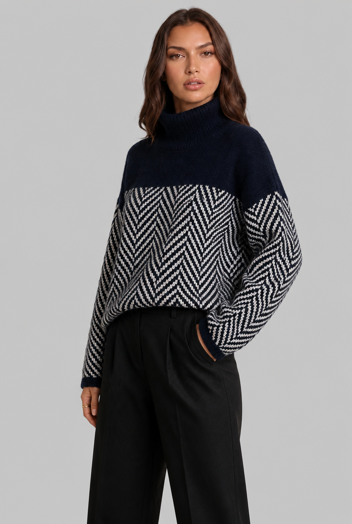Colorblock Chevron Sweater with High Neck