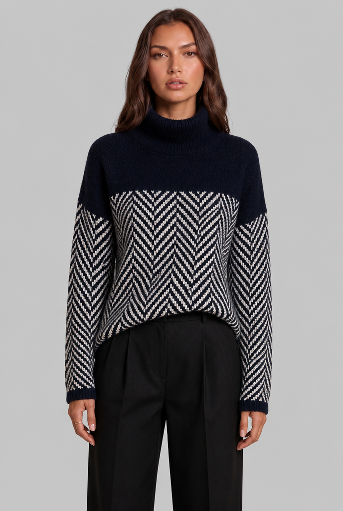 Colorblock Chevron Sweater with High Neck