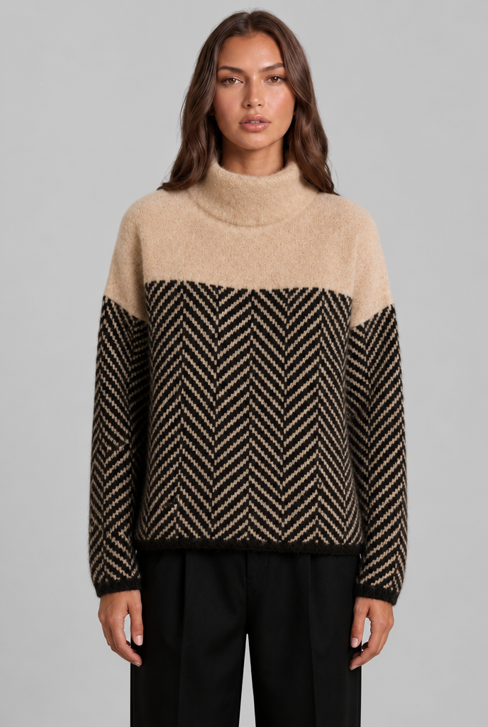 Colorblock Chevron Sweater with High Neck