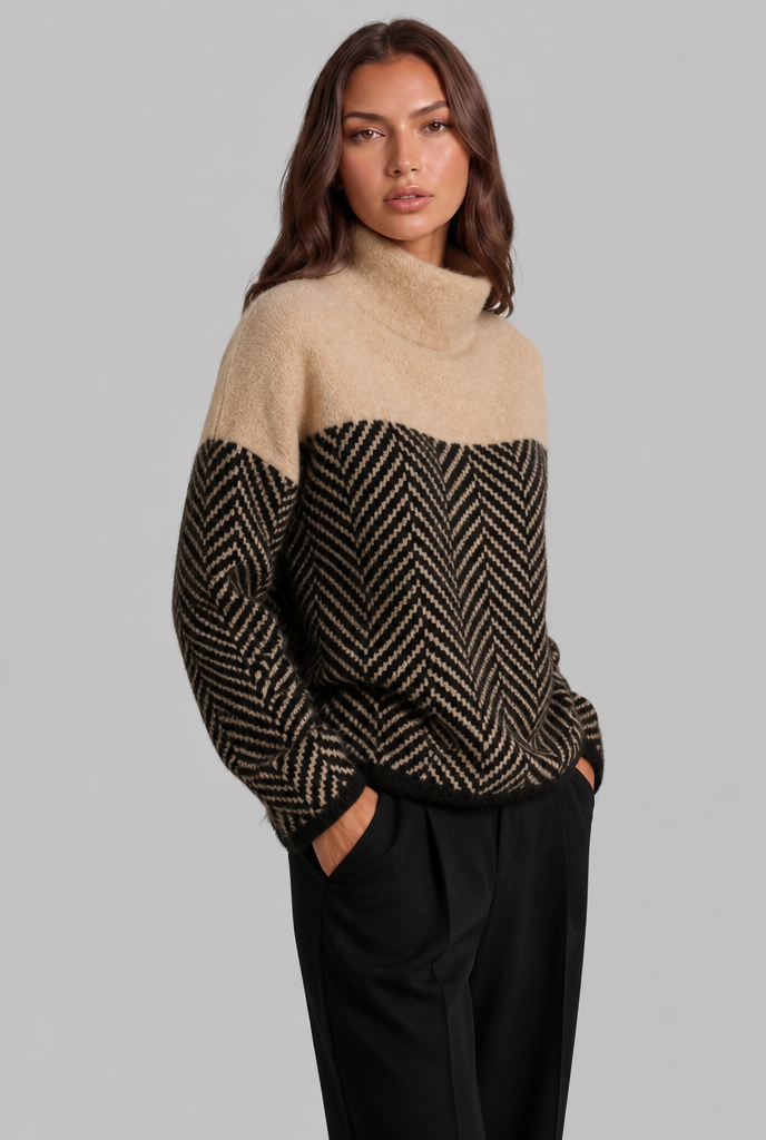 Colorblock Chevron Sweater with High Neck