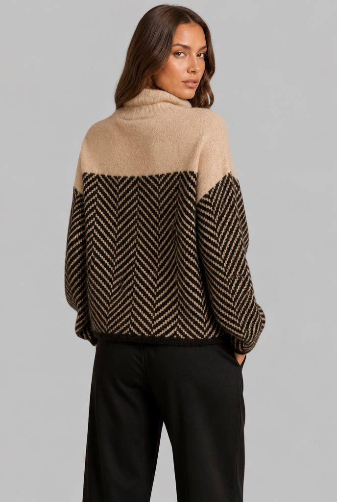 Colorblock Chevron Sweater with High Neck