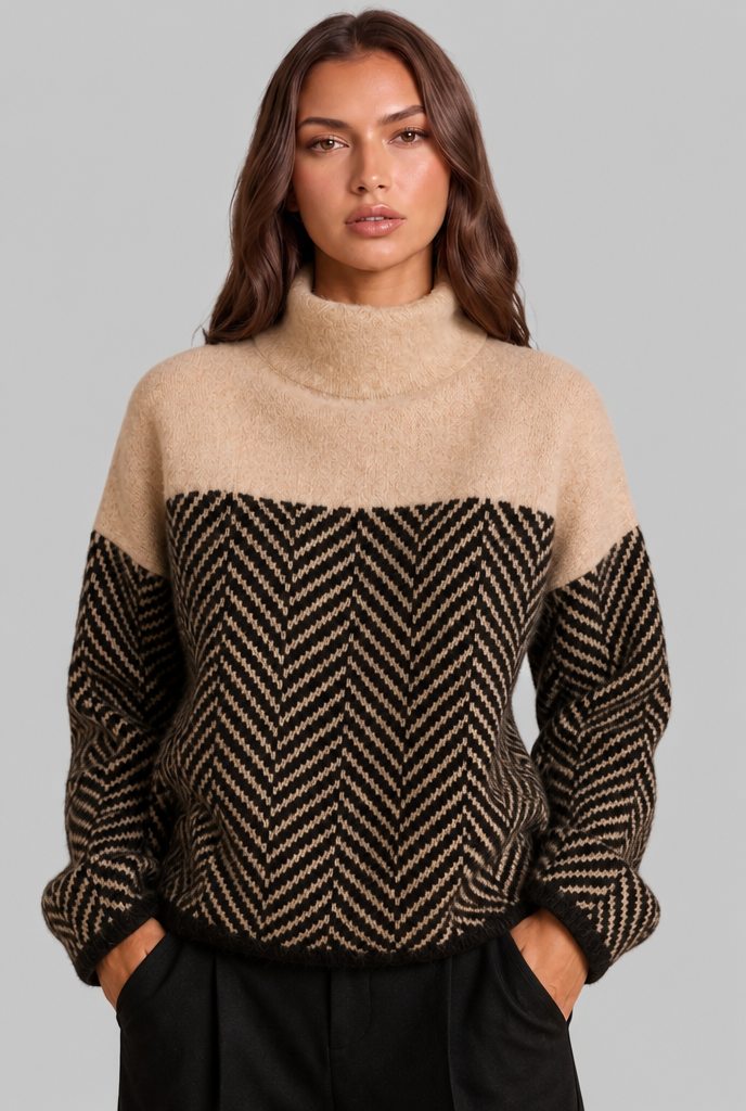 Colorblock Chevron Sweater with High Neck