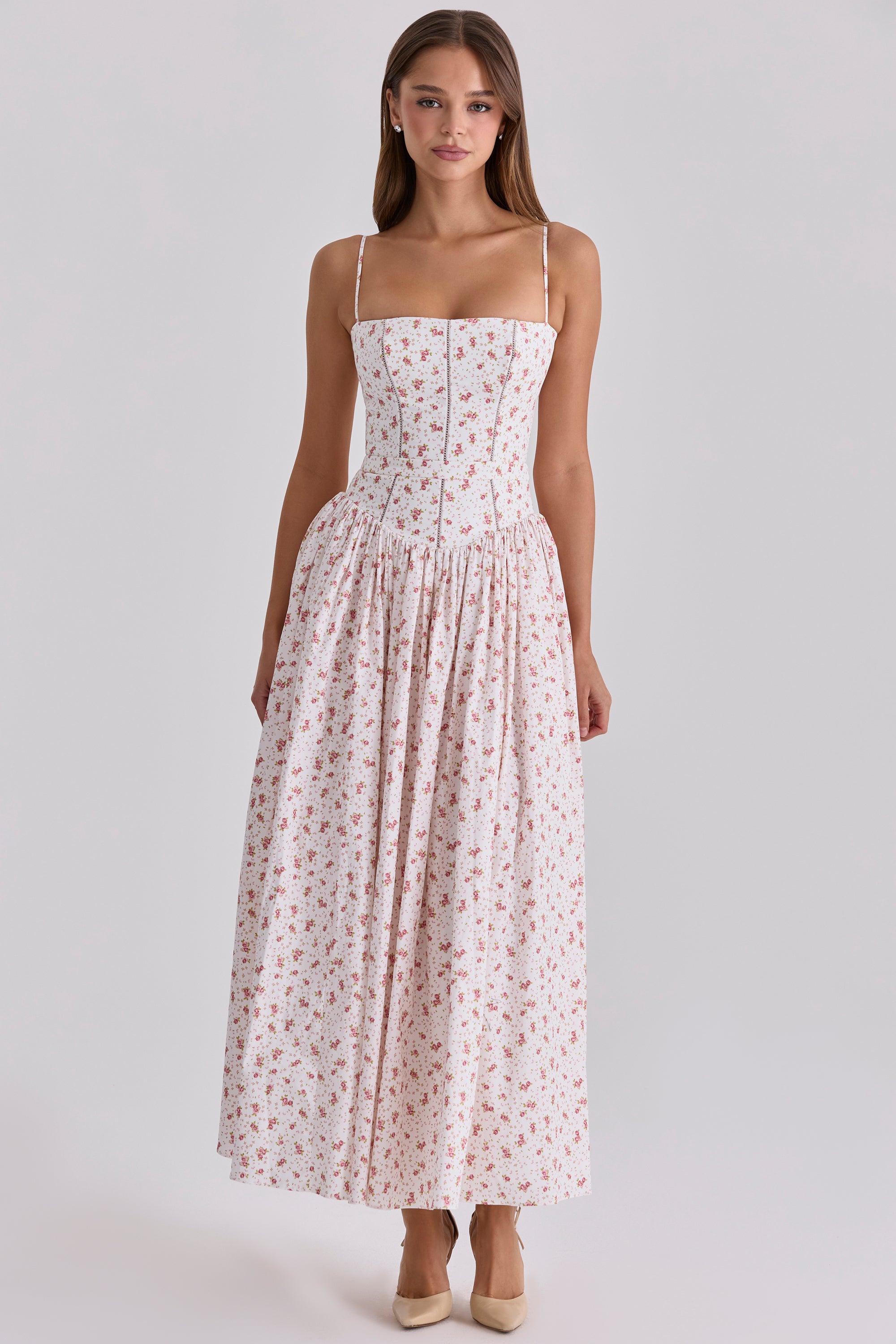 Ysabella Midi Dress - White Rose Floral