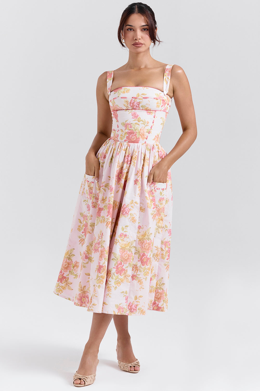 Vivien Midi Dress - Peach Poppy Print