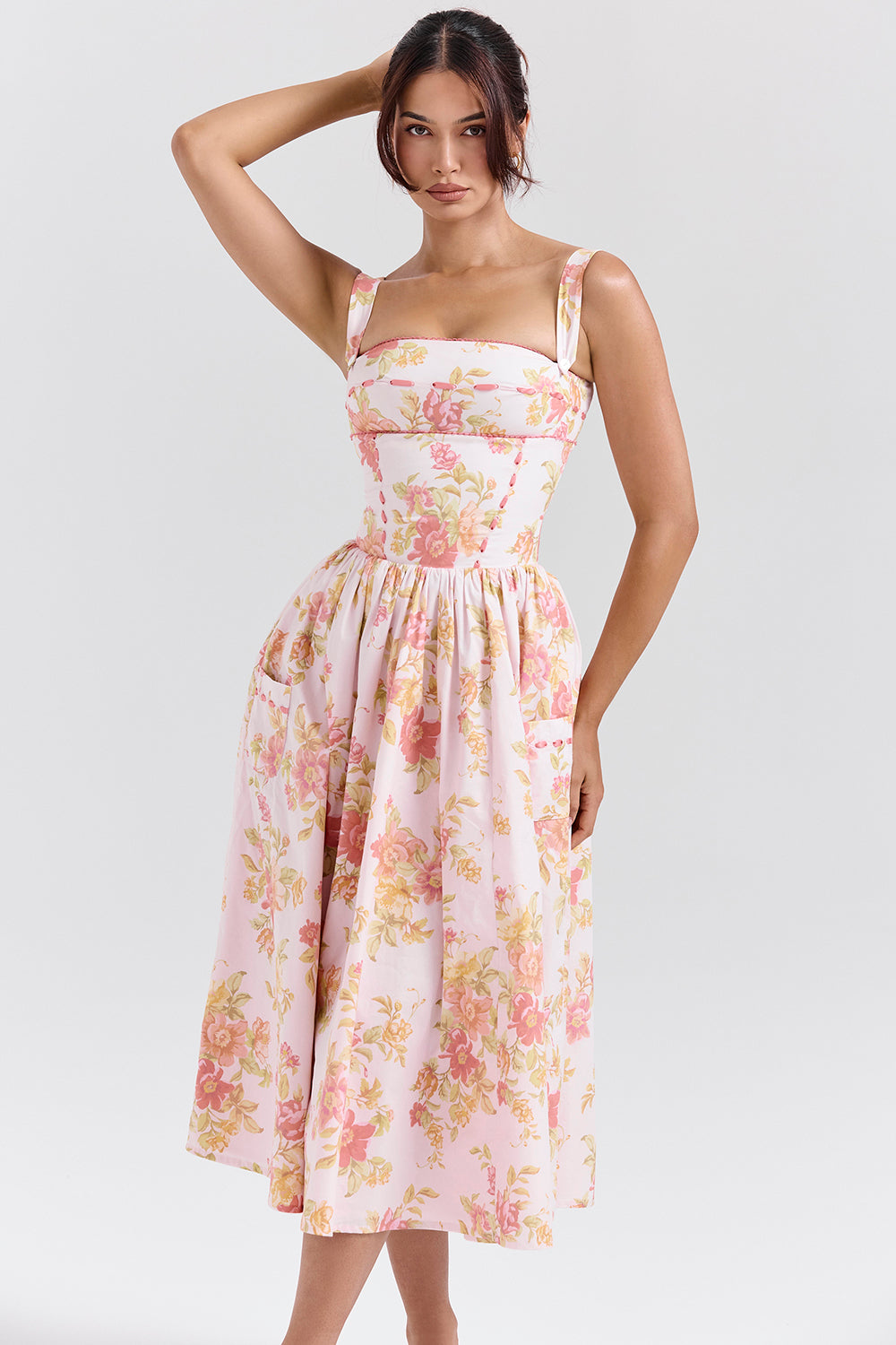 Vivien Midi Dress - Peach Poppy Print