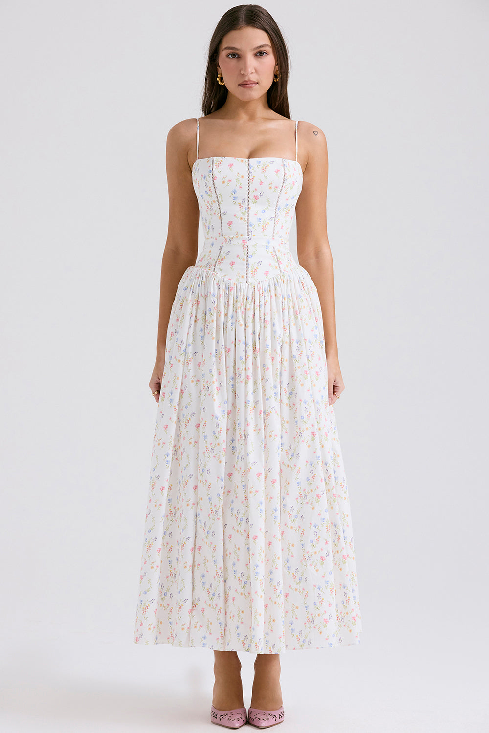 Ysabella Midi Dress - White Posy Print